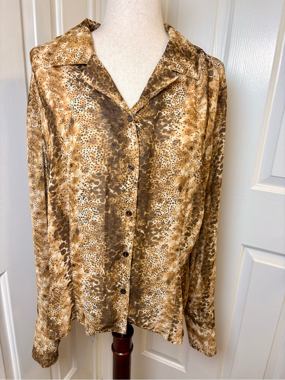 Norton McNaughton Brown Snake Leopard Cheetah Print Boho Button Down Blouse 18